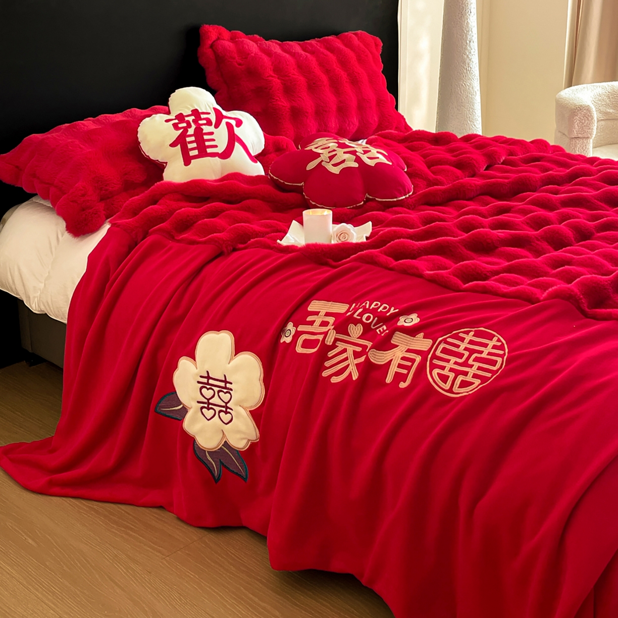 91家纺网 家纺一手货源 找家纺 玉雅家纺 2025新款兔毛绒多功能毛毯被套两用豆豆被被子被芯 婚庆毛毯-相爱一生