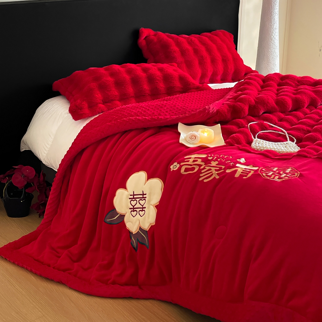 91家纺网 家纺一手货源 找家纺 玉雅家纺 2025新款兔毛绒多功能毛毯被套两用豆豆被被子被芯 婚庆毛毯-相爱一生