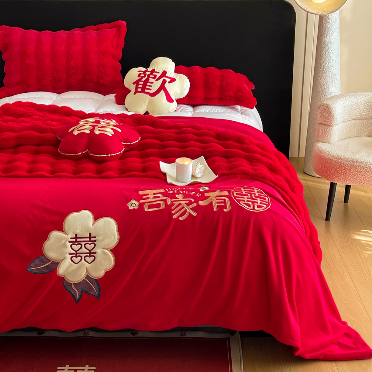 91家纺网 家纺一手货源 找家纺 玉雅家纺 2025新款兔毛绒多功能毛毯被套两用豆豆被被子被芯 婚庆毛毯-相爱一生