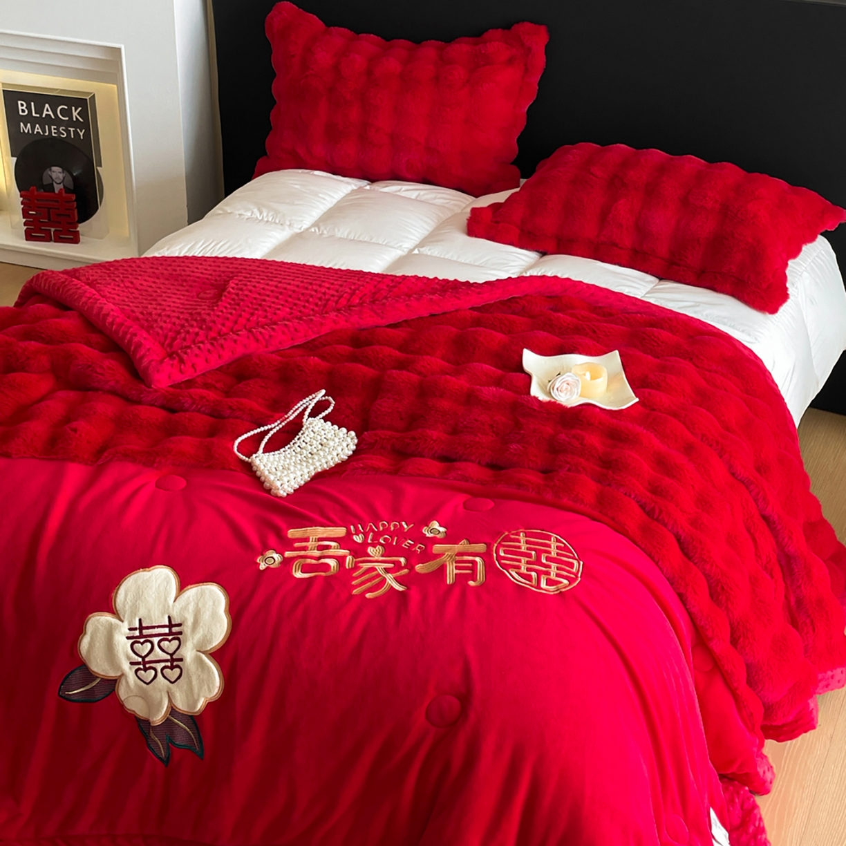 91家纺网 家纺一手货源 找家纺 玉雅家纺 2025新款兔毛绒多功能毛毯被套两用豆豆被被子被芯 婚庆毛毯-相爱一生