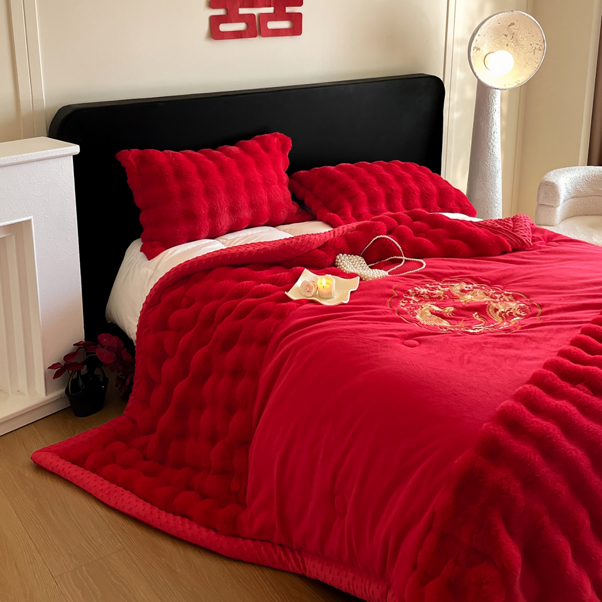 91家纺网 家纺一手货源 找家纺 玉雅家纺 2025新款兔毛绒多功能毛毯被套两用豆豆被被子被芯 婚庆毛毯-龙凤团圆