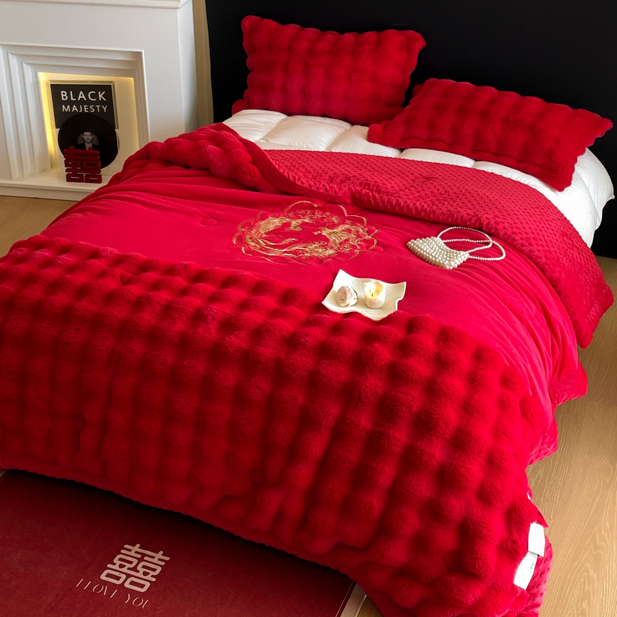 91家纺网 家纺一手货源 找家纺 玉雅家纺 2025新款兔毛绒多功能毛毯被套两用豆豆被被子被芯 婚庆毛毯-龙凤团圆