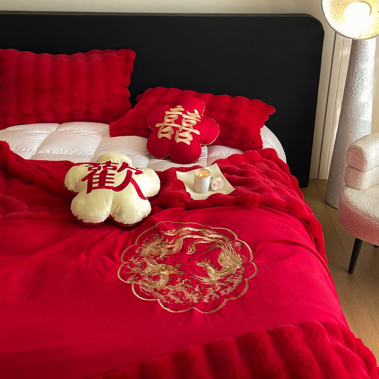 91家纺网 家纺一手货源 找家纺 玉雅家纺 2025新款兔毛绒多功能毛毯被套两用豆豆被被子被芯 婚庆毛毯-龙凤团圆