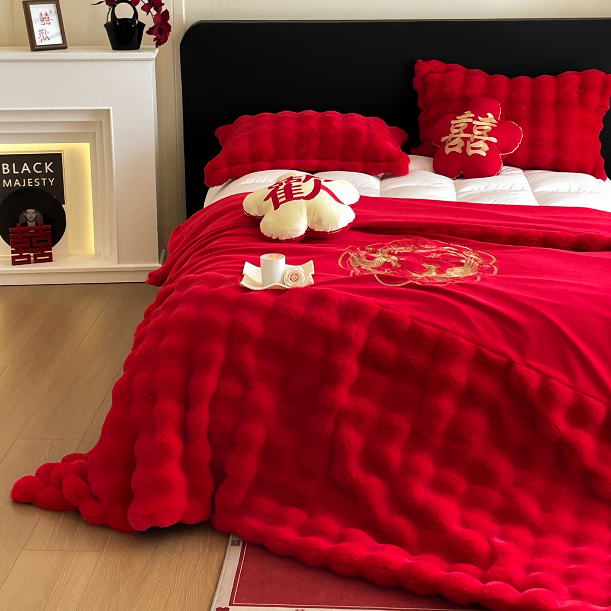 91家纺网 家纺一手货源 找家纺 玉雅家纺 2025新款兔毛绒多功能毛毯被套两用豆豆被被子被芯 婚庆毛毯-龙凤团圆