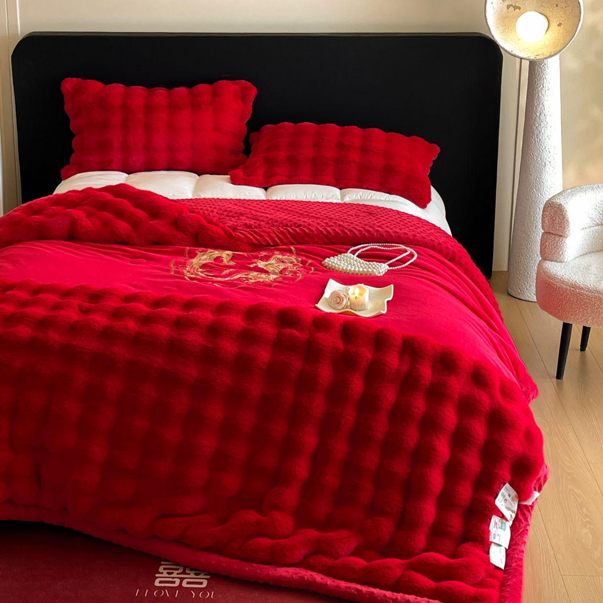 91家纺网 家纺一手货源 找家纺 玉雅家纺 2025新款兔毛绒多功能毛毯被套两用豆豆被被子被芯 婚庆毛毯-龙凤团圆