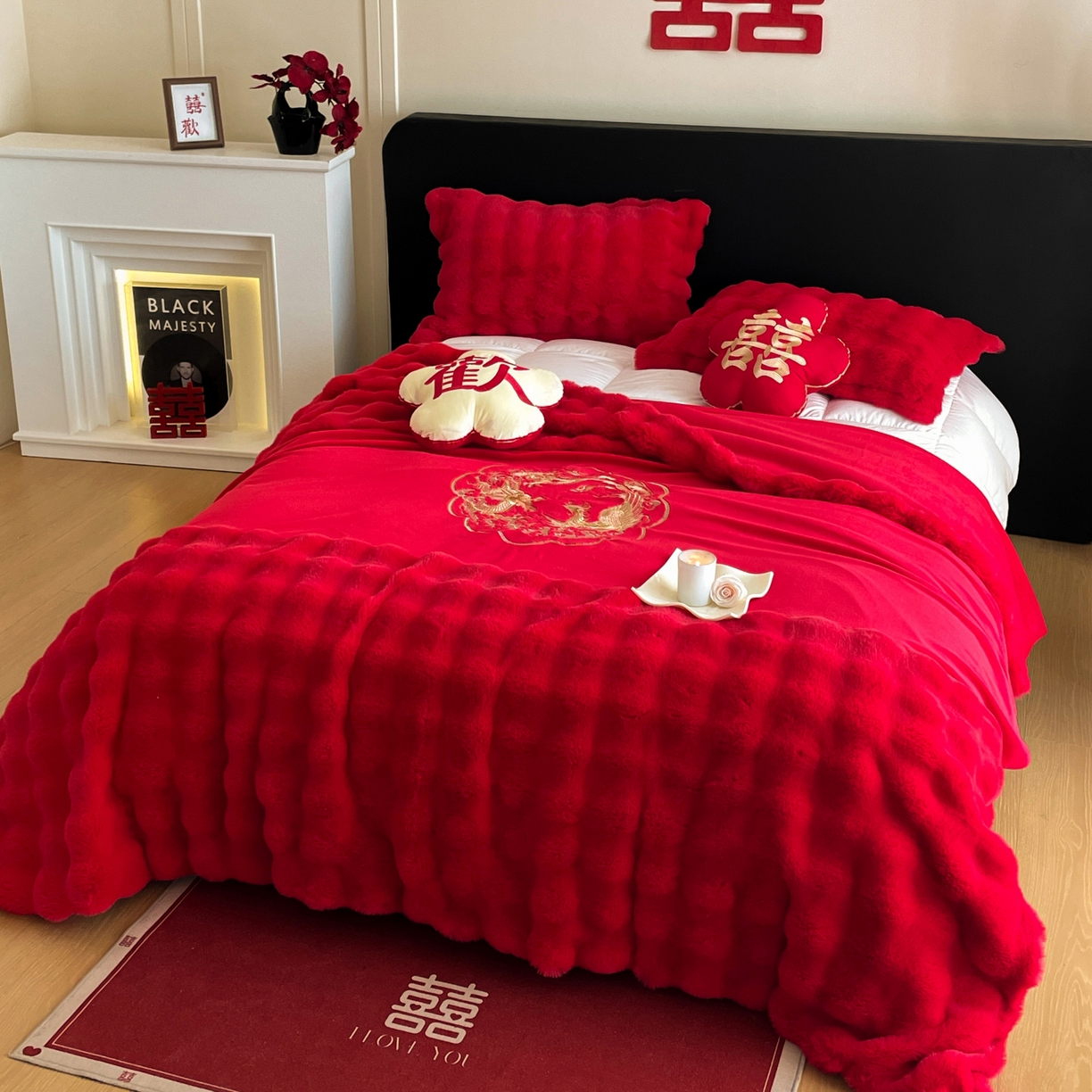 91家纺网 家纺一手货源 找家纺 玉雅家纺 2025新款兔毛绒多功能毛毯被套两用豆豆被被子被芯 婚庆毛毯-龙凤团圆