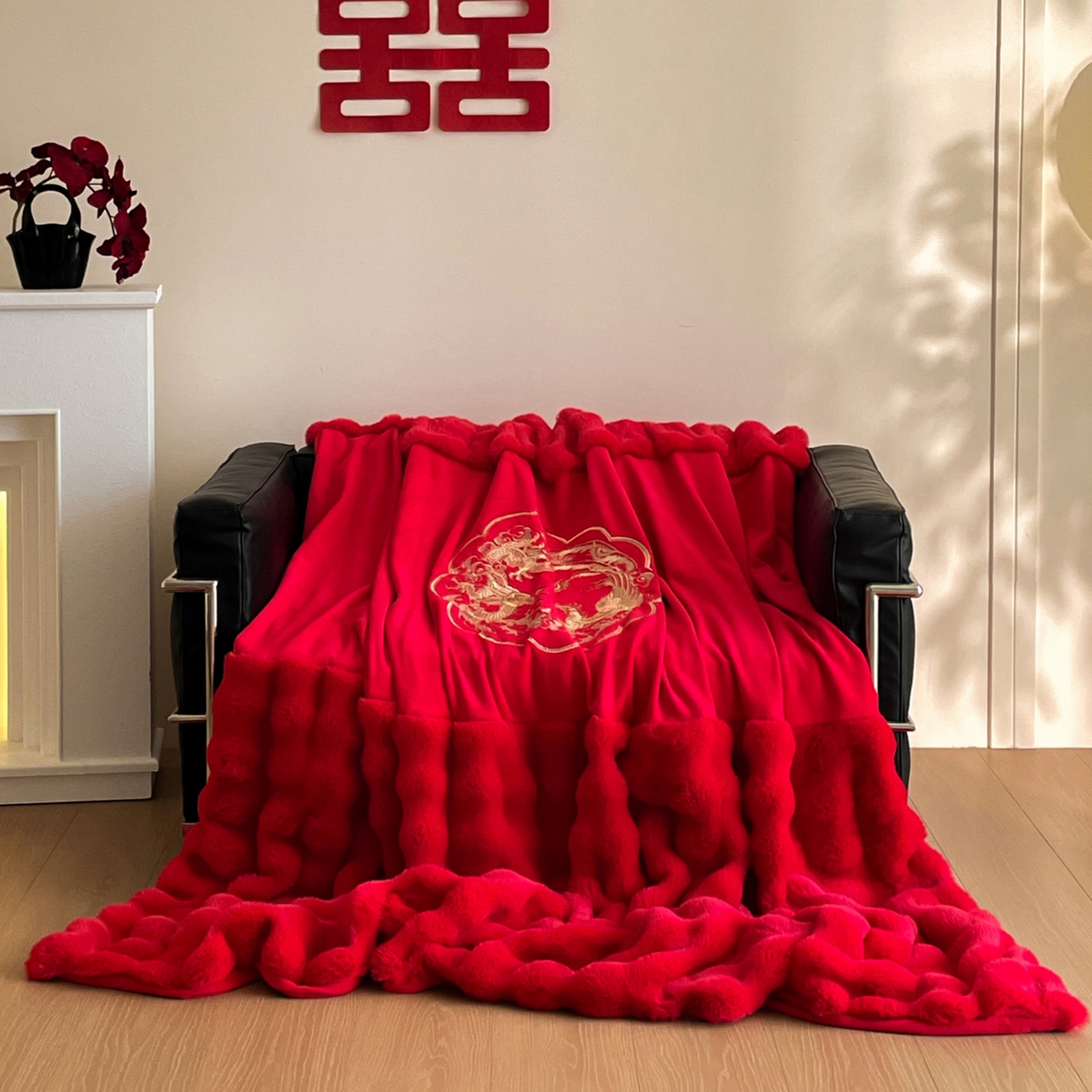 91家纺网 家纺一手货源 找家纺 玉雅家纺 2025新款兔毛绒多功能毛毯被套两用豆豆被被子被芯 婚庆毛毯-龙凤团圆