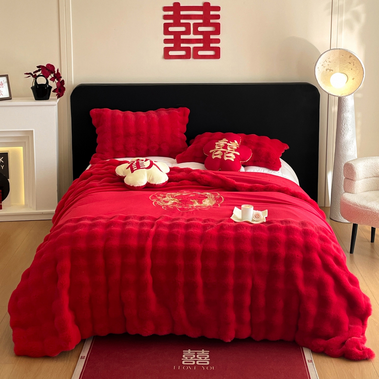 91家纺网 家纺一手货源 找家纺 玉雅家纺 2025新款兔毛绒多功能毛毯被套两用豆豆被被子被芯 婚庆毛毯-龙凤团圆