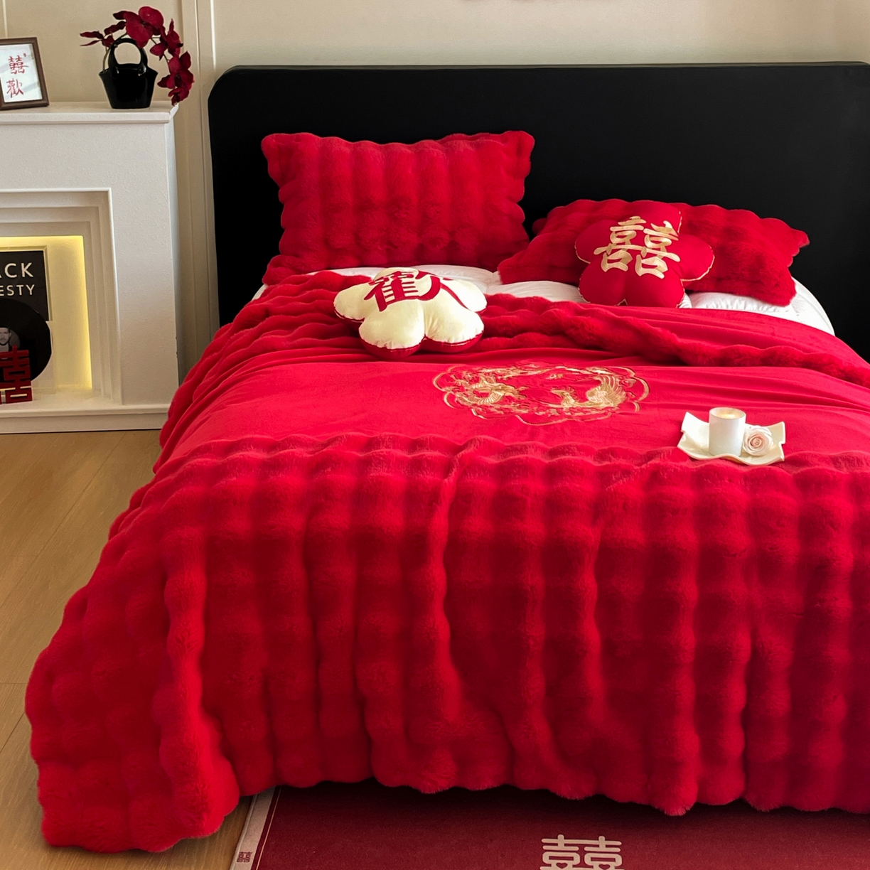 91家纺网 家纺一手货源 找家纺 玉雅家纺 2025新款兔毛绒多功能毛毯被套两用豆豆被被子被芯 婚庆毛毯-龙凤团圆