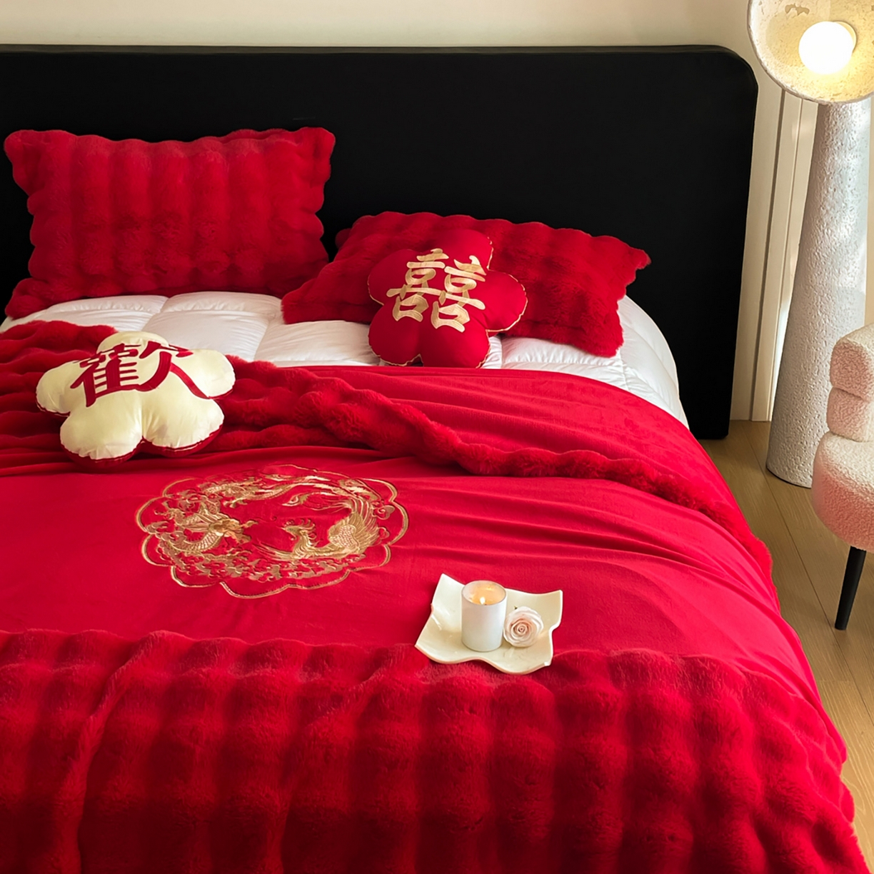 91家纺网 家纺一手货源 找家纺 玉雅家纺 2025新款兔毛绒多功能毛毯被套两用豆豆被被子被芯 婚庆毛毯-龙凤团圆