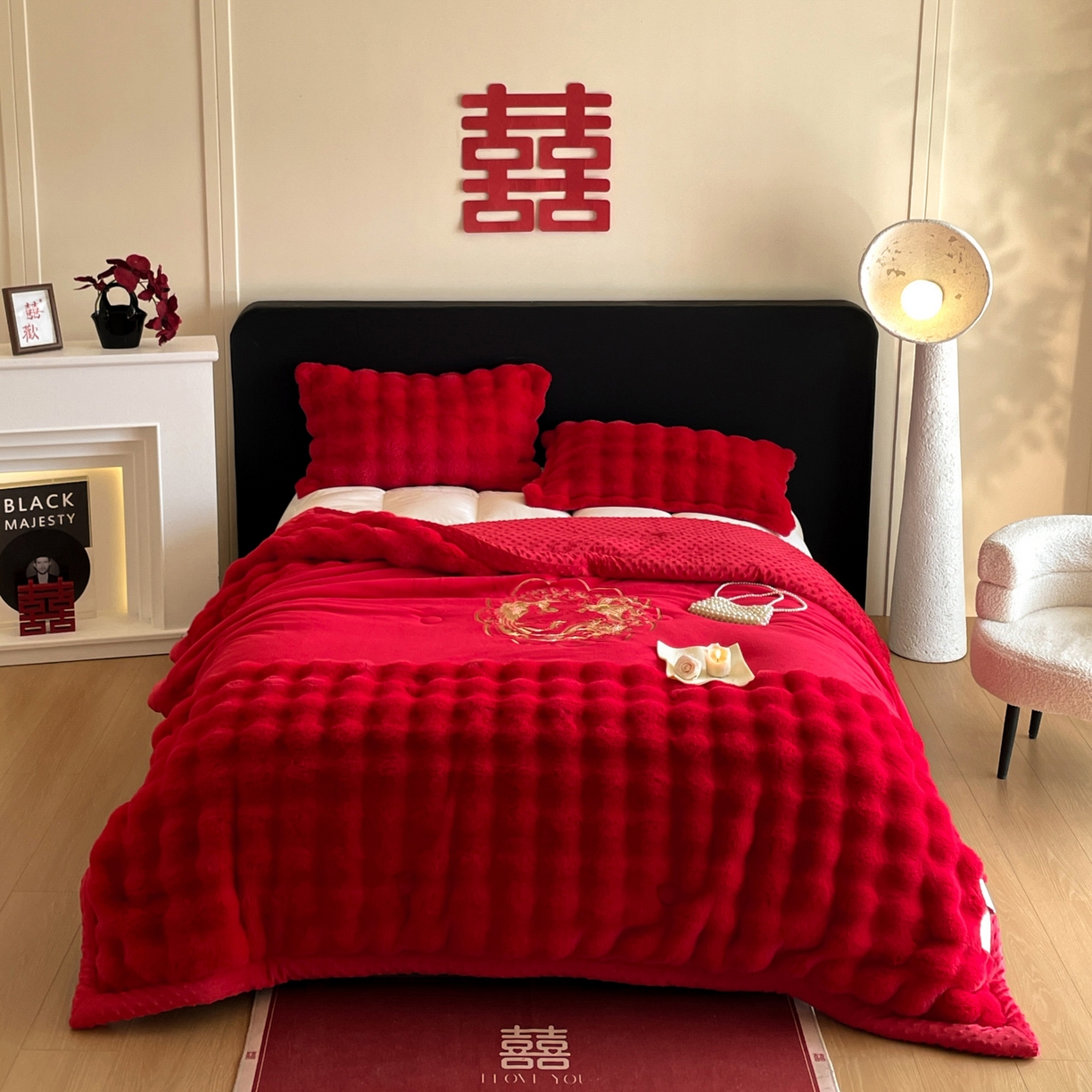 91家纺网 家纺一手货源 找家纺 玉雅家纺 2025新款兔毛绒多功能毛毯被套两用豆豆被被子被芯 婚庆毛毯-龙凤团圆