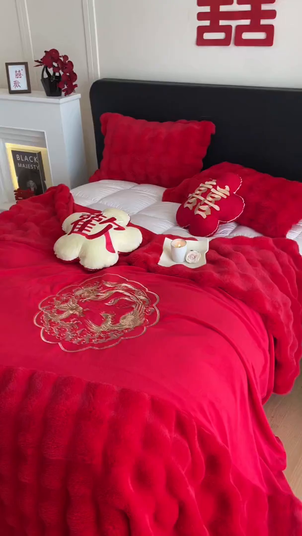 91家纺网 家纺一手货源 找家纺 玉雅家纺 2025新款兔毛绒多功能毛毯被套两用豆豆被被子被芯 婚庆毛毯-龙凤团圆