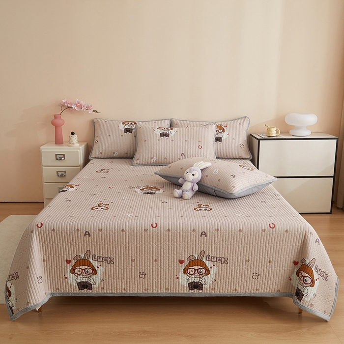 91家纺网 家纺一手货源 找家纺 金艾草 2025新款A版全棉印花B版加厚牛奶绒单件棉加绒床盖三件套榻榻米垫 拉布布-灰