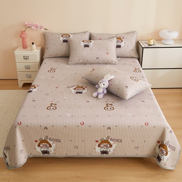 91家纺网 家纺一手货源 找家纺 金艾草 2025新款A版全棉印花B版加厚牛奶绒单件棉加绒床盖三件套榻榻米垫 拉布布-灰