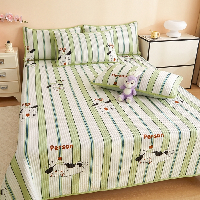 91家纺网 家纺一手货源 找家纺 金艾草 2025新款A版全棉印花B版加厚牛奶绒单件棉加绒床盖三件套榻榻米垫 萌趣狗