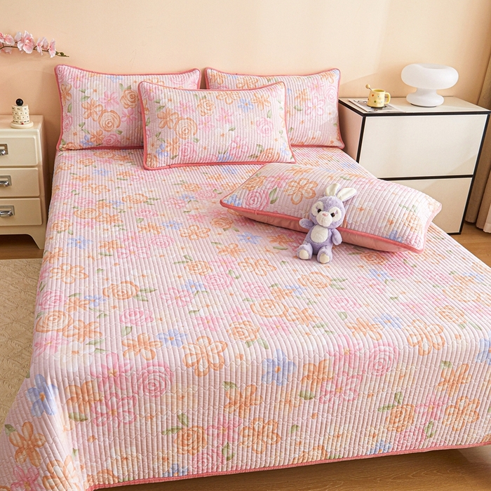 91家纺网 家纺一手货源 找家纺 金艾草 2025新款A版全棉印花B版加厚牛奶绒单件棉加绒床盖三件套榻榻米垫 兰香语-粉色