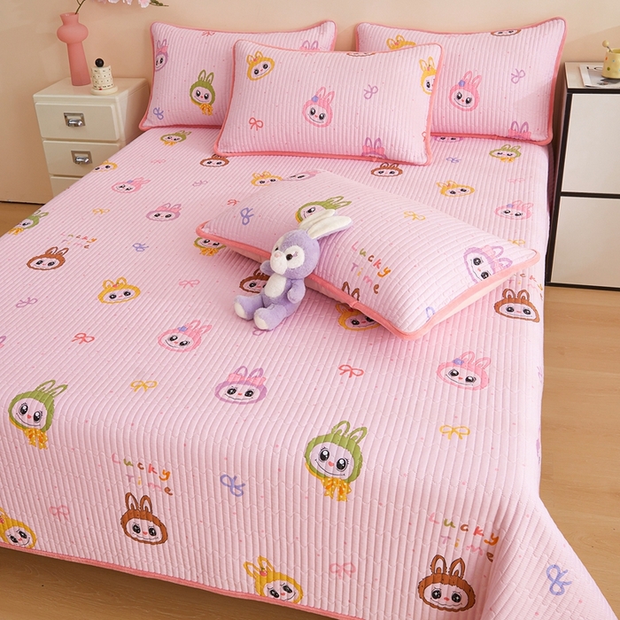 91家纺网 家纺一手货源 找家纺 金艾草 2025新款A版全棉印花B版加厚牛奶绒单件棉加绒床盖三件套榻榻米垫 拉布布-粉色