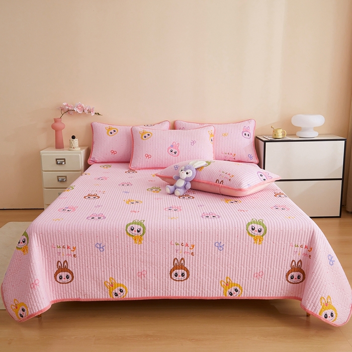 91家纺网 家纺一手货源 找家纺 金艾草 2025新款A版全棉印花B版加厚牛奶绒单件棉加绒床盖三件套榻榻米垫 拉布布-粉色