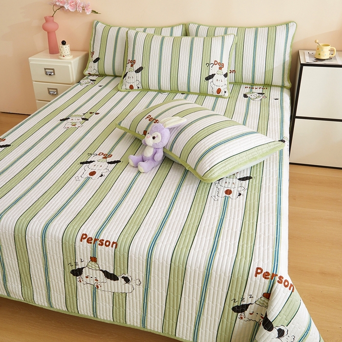 91家纺网 家纺一手货源 找家纺 金艾草 2025新款A版全棉印花B版加厚牛奶绒单件棉加绒床盖三件套榻榻米垫 萌趣狗