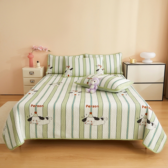 91家纺网 家纺一手货源 找家纺 金艾草 2025新款A版全棉印花B版加厚牛奶绒单件棉加绒床盖三件套榻榻米垫 萌趣狗