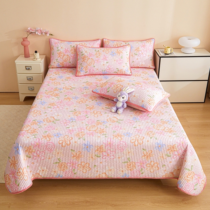 91家纺网 家纺一手货源 找家纺 金艾草 2025新款A版全棉印花B版加厚牛奶绒单件棉加绒床盖三件套榻榻米垫 兰香语-粉色