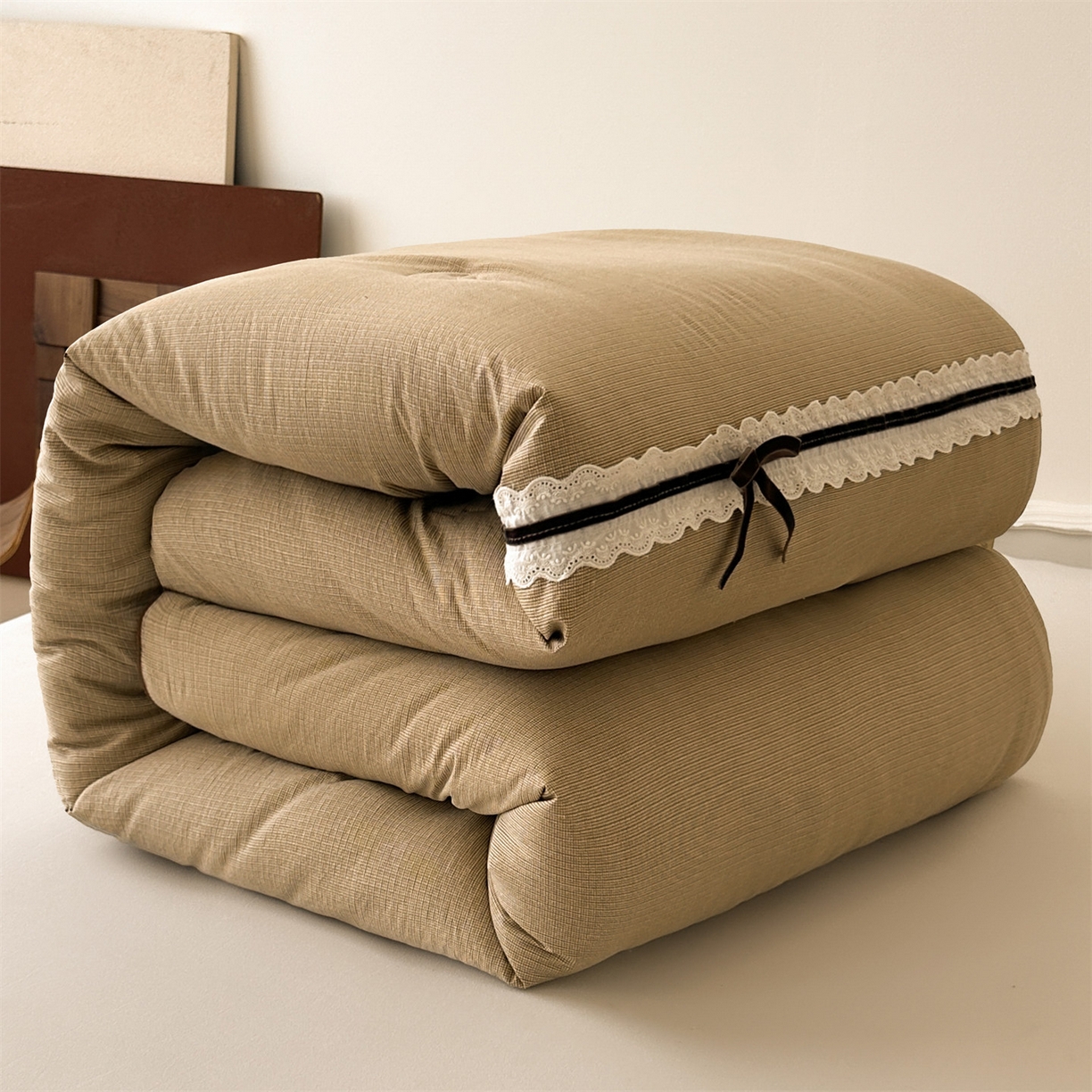 91家纺网 家纺一手货源 找家纺 梵蒂莎 2025新款花边蝴蝶结棉花被（场景1）素简蝶梦秋冬被四季被子被芯 素简蝶梦-卡其