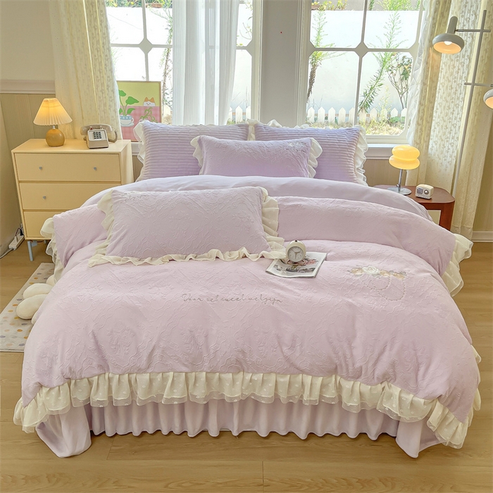 木兰花 2025新款纯色雕花全消光牛奶绒 床盖款四件套-玫瑰花园系列 玫瑰花园 香芋紫