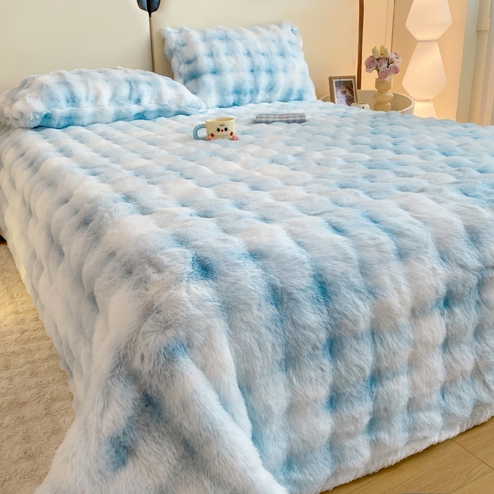 91家纺网 家纺一手货源 找家纺 麒东家纺 2025新款泡泡绒兔毛绒床单 流彩蓝