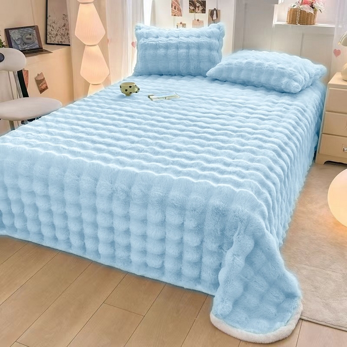 91家纺网 家纺一手货源 找家纺 麒东家纺 2025新款泡泡绒兔毛绒床单 天蓝