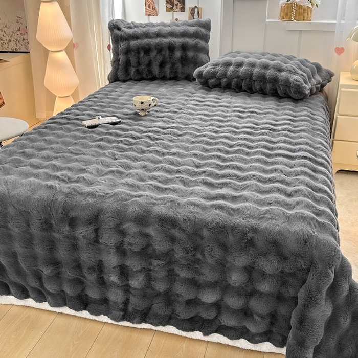 91家纺网 家纺一手货源 找家纺 麒东家纺 2025新款泡泡绒兔毛绒床单 深灰