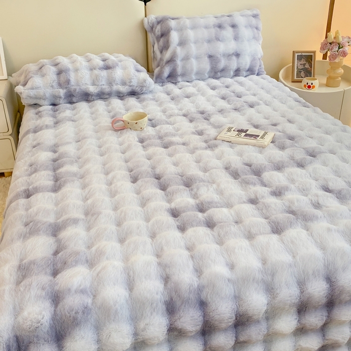 91家纺网 家纺一手货源 找家纺 麒东家纺 2025新款泡泡绒兔毛绒床单 流彩紫