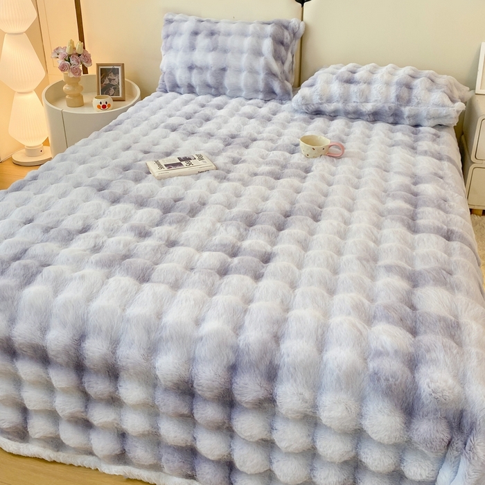 91家纺网 家纺一手货源 找家纺 麒东家纺 2025新款泡泡绒兔毛绒床单 流彩紫