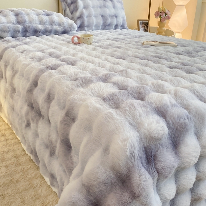 91家纺网 家纺一手货源 找家纺 麒东家纺 2025新款泡泡绒兔毛绒床单 流彩紫
