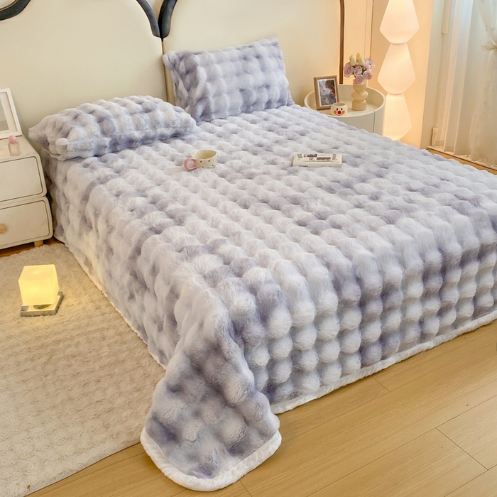 91家纺网 家纺一手货源 找家纺 麒东家纺 2025新款泡泡绒兔毛绒床单 流彩紫