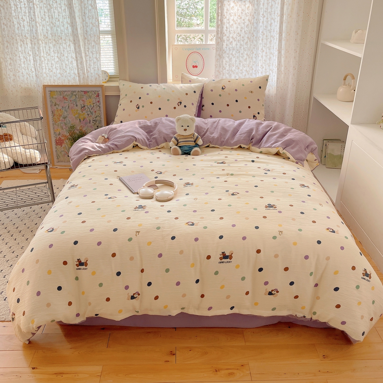 91家纺网 家纺一手货源 找家纺 星禾优选 2025新款甄选三层纱印花四件套 糖豆腊肠狗