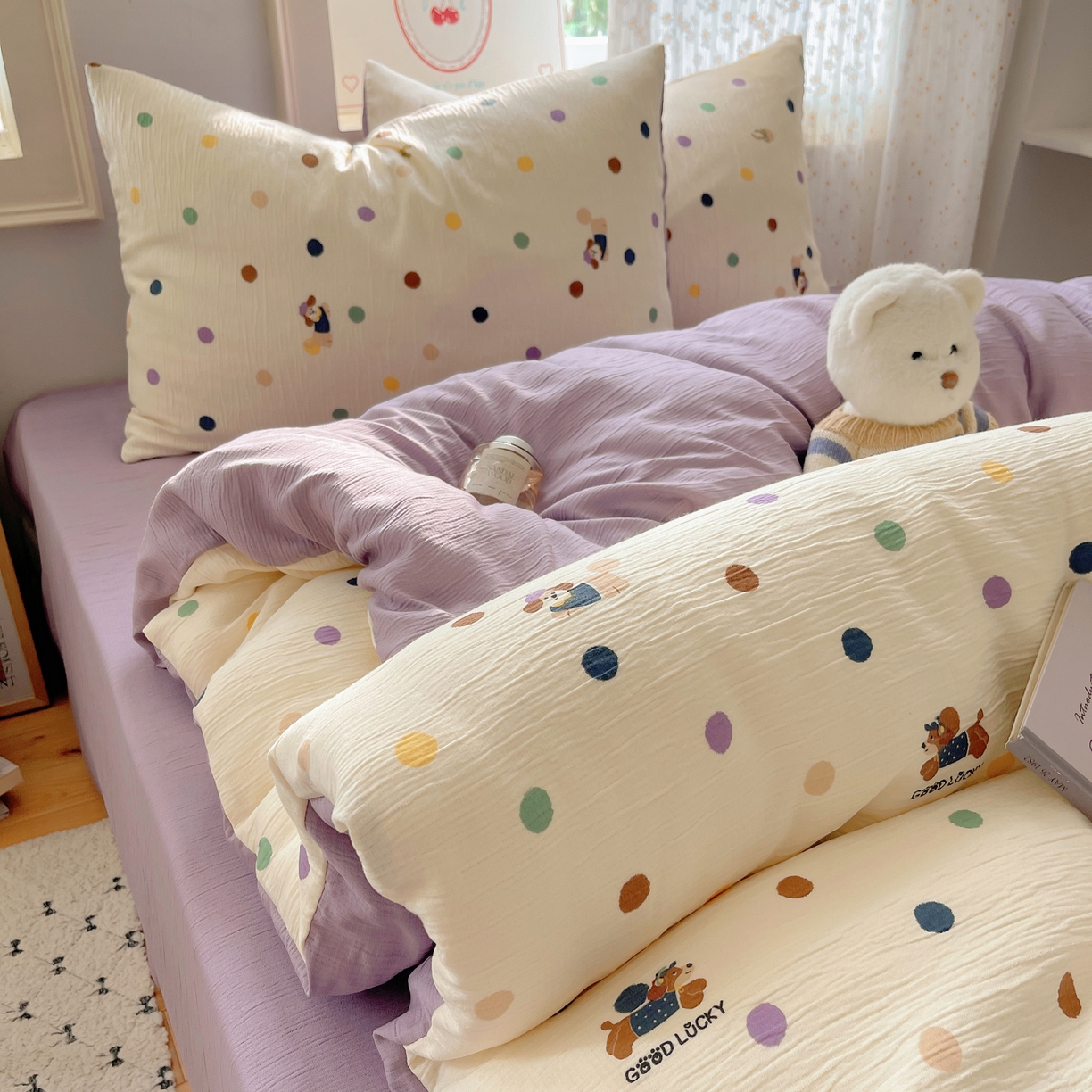 91家纺网 家纺一手货源 找家纺 星禾优选 2025新款甄选三层纱印花四件套 糖豆腊肠狗