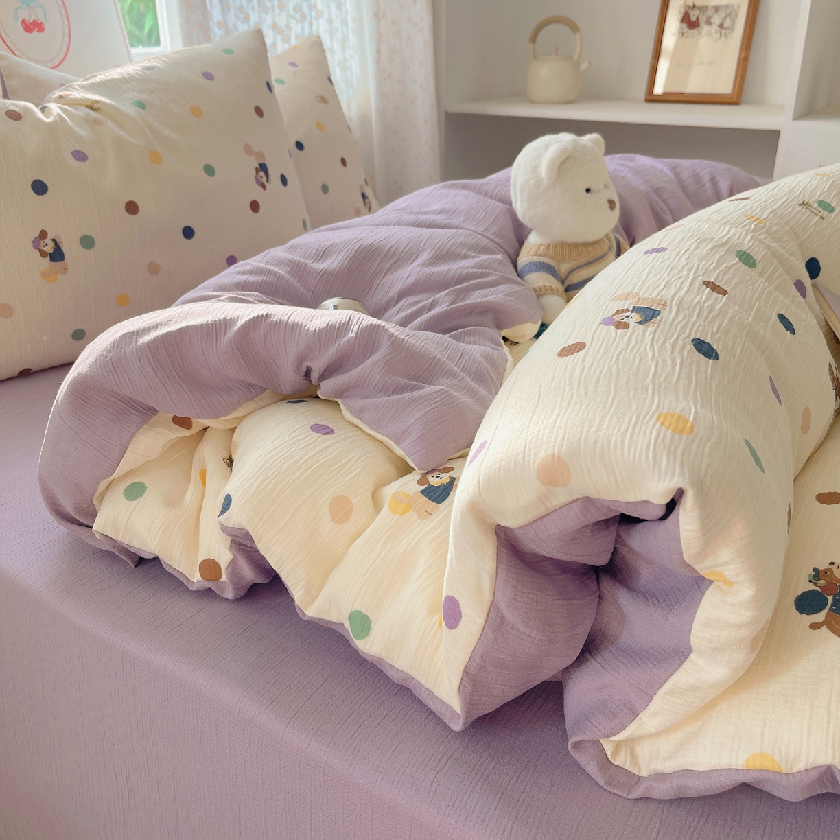 91家纺网 家纺一手货源 找家纺 星禾优选 2025新款甄选三层纱印花四件套 糖豆腊肠狗