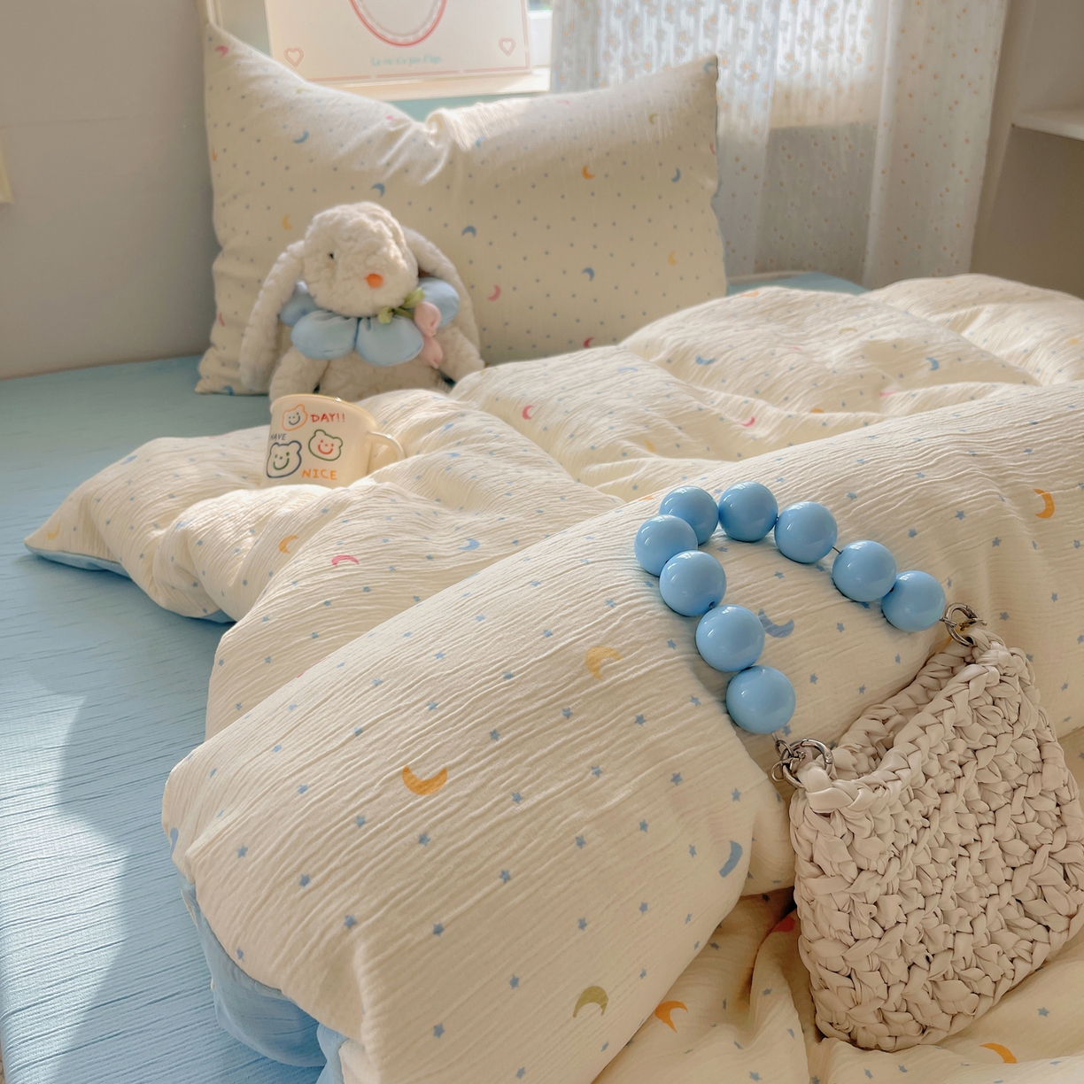 91家纺网 家纺一手货源 找家纺 星禾优选 2025新款甄选三层纱印花四件套 星月天空