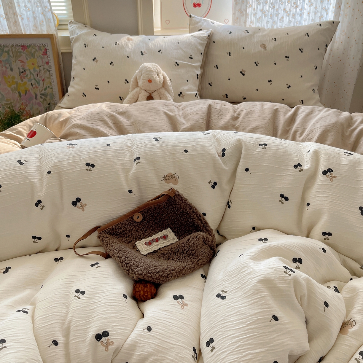 91家纺网 家纺一手货源 找家纺 星禾优选 2025新款甄选三层纱印花四件套 樱桃物语