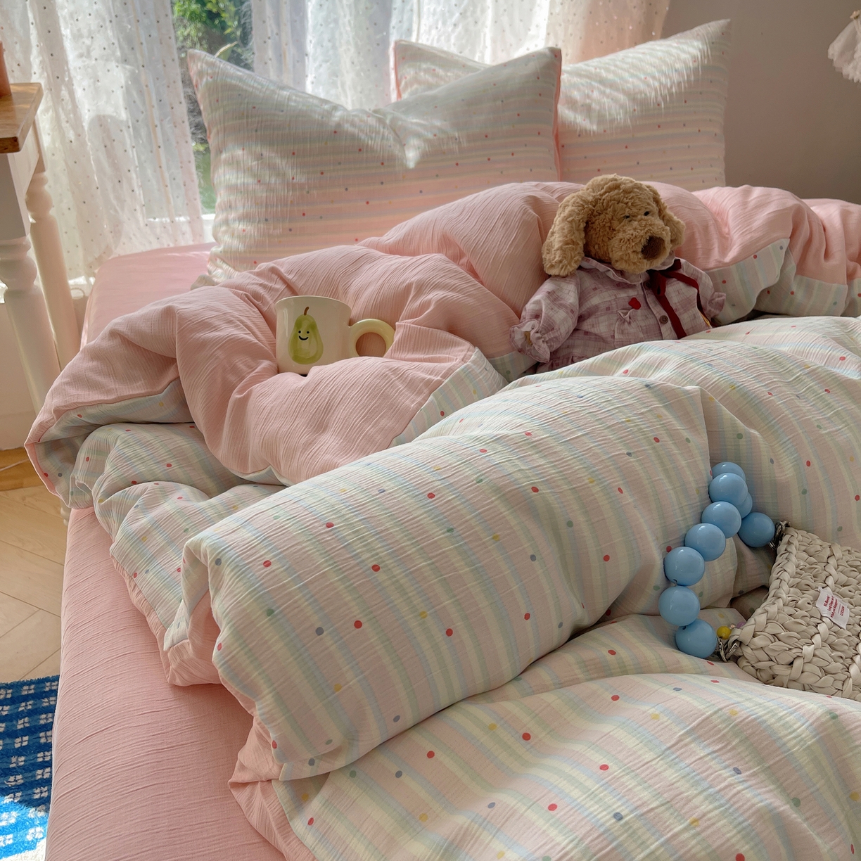 91家纺网 家纺一手货源 找家纺 星禾优选 2025新款甄选三层纱印花四件套 彩虹世界