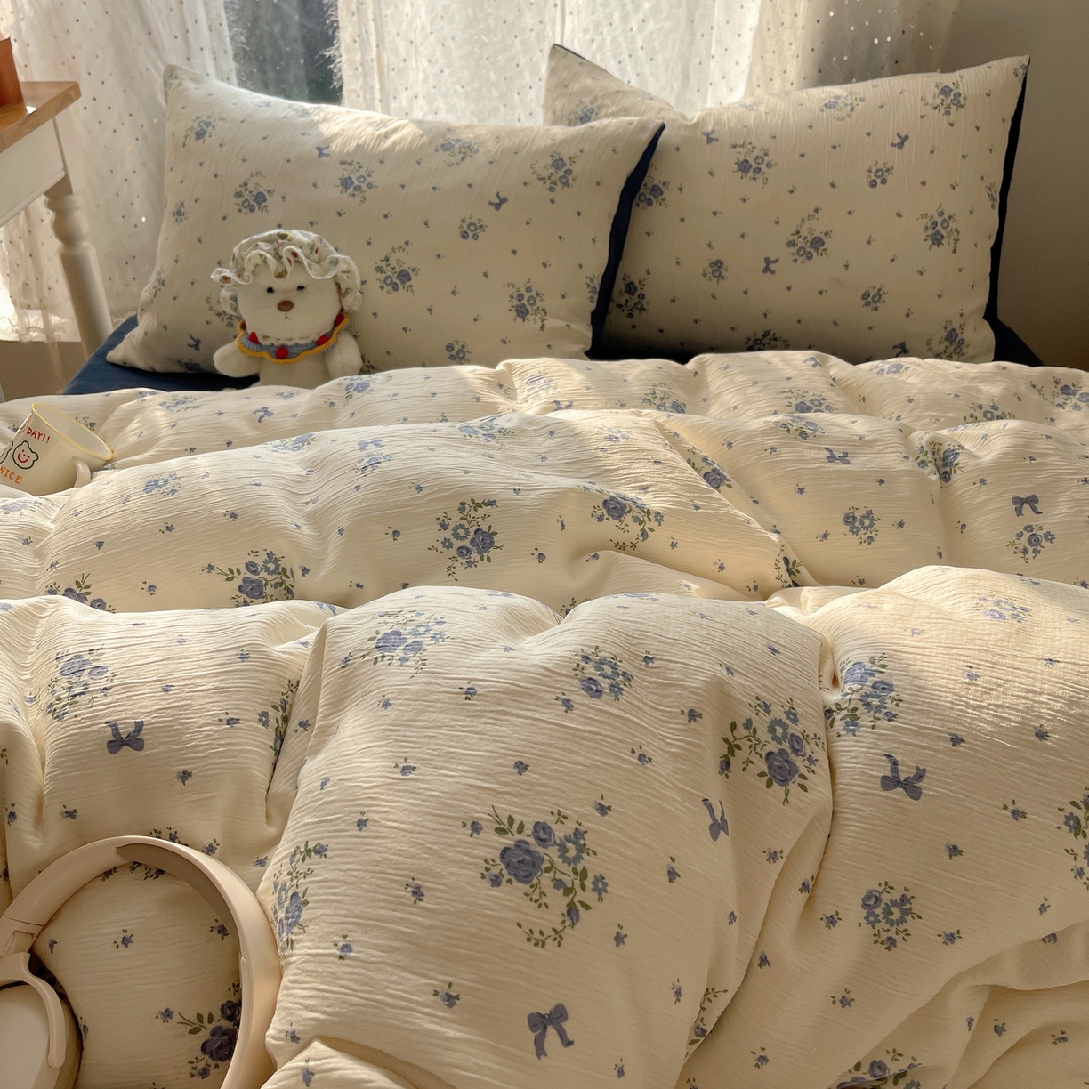 91家纺网 家纺一手货源 找家纺 星禾优选 2025新款甄选三层纱印花四件套 贩卖夏风-蓝