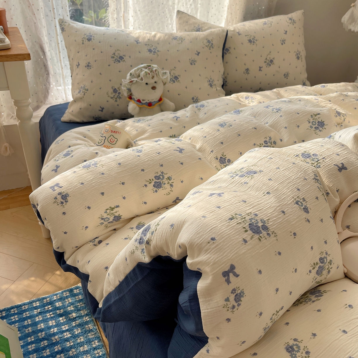 91家纺网 家纺一手货源 找家纺 星禾优选 2025新款甄选三层纱印花四件套 贩卖夏风-蓝