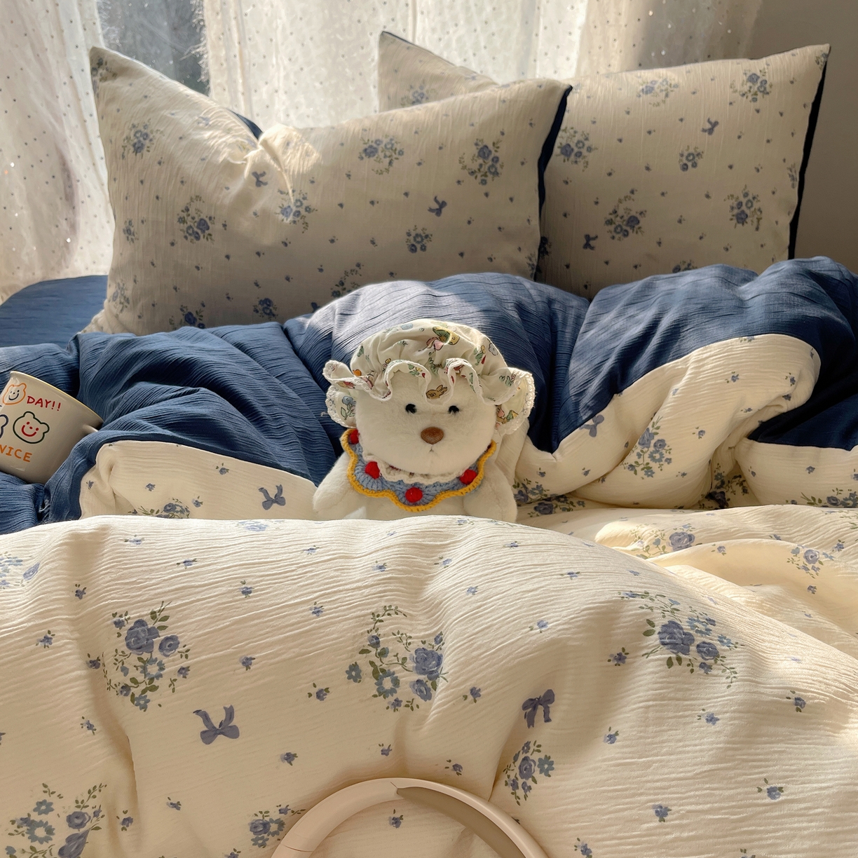 91家纺网 家纺一手货源 找家纺 星禾优选 2025新款甄选三层纱印花四件套 贩卖夏风-蓝