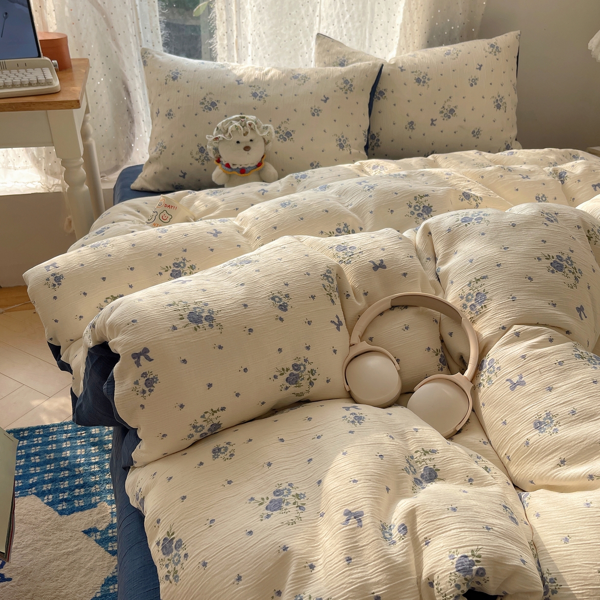 91家纺网 家纺一手货源 找家纺 星禾优选 2025新款甄选三层纱印花四件套 贩卖夏风-蓝