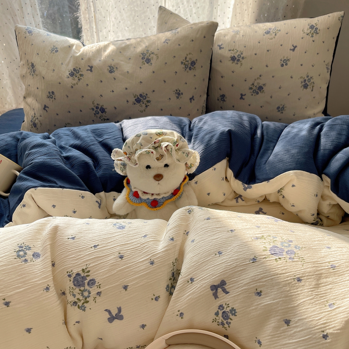 91家纺网 家纺一手货源 找家纺 星禾优选 2025新款甄选三层纱印花四件套 贩卖夏风-蓝