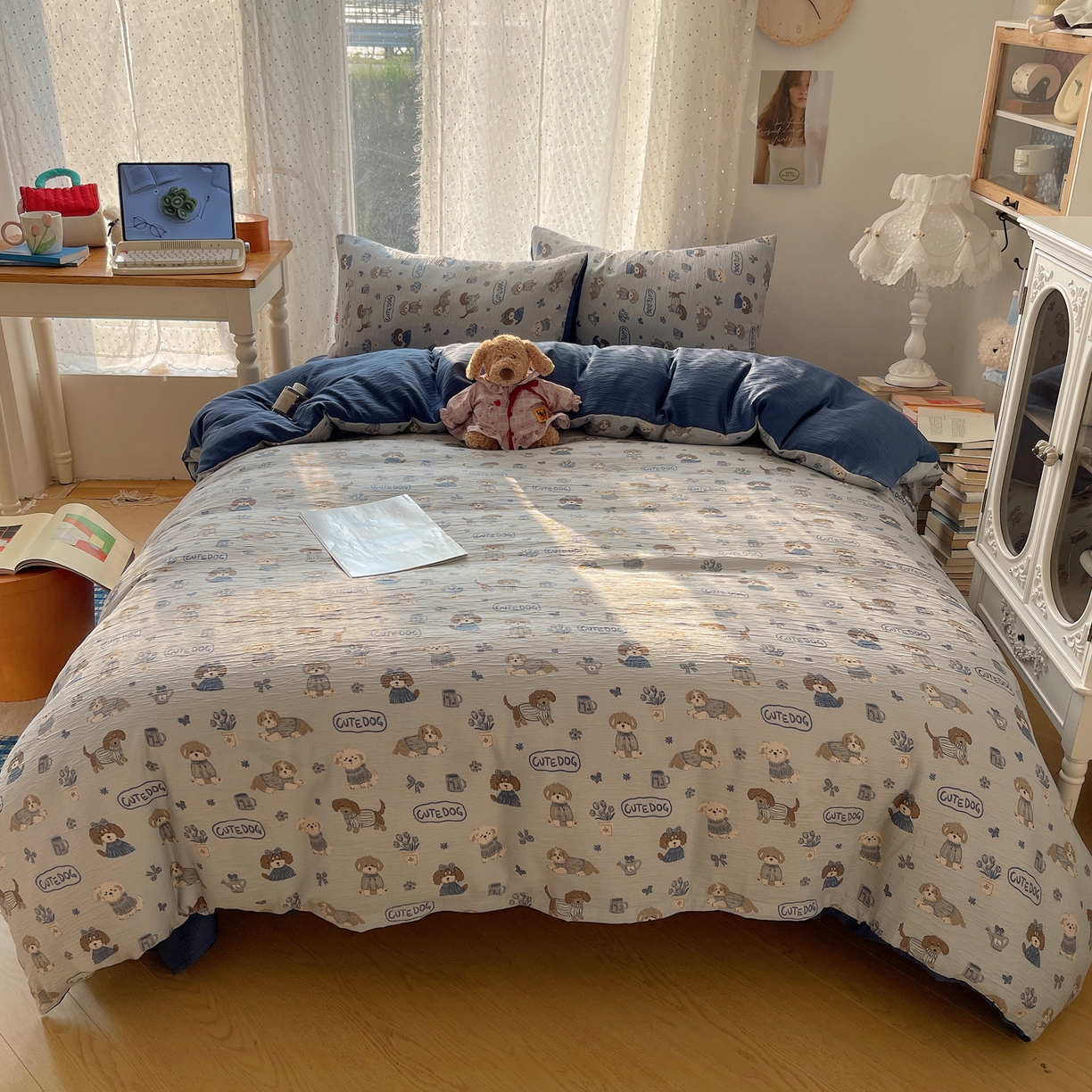 91家纺网 家纺一手货源 找家纺 星禾优选 2025新款甄选三层纱印花四件套 复古修狗