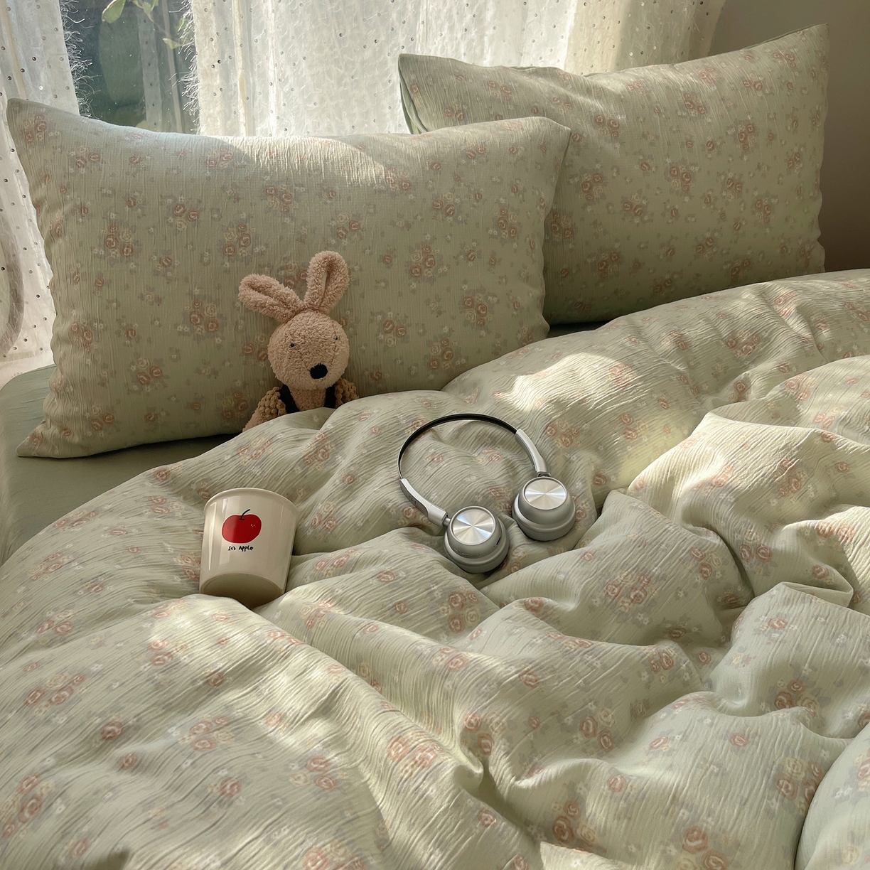 91家纺网 家纺一手货源 找家纺 星禾优选 2025新款甄选三层纱印花四件套 玫瑰夜-绿