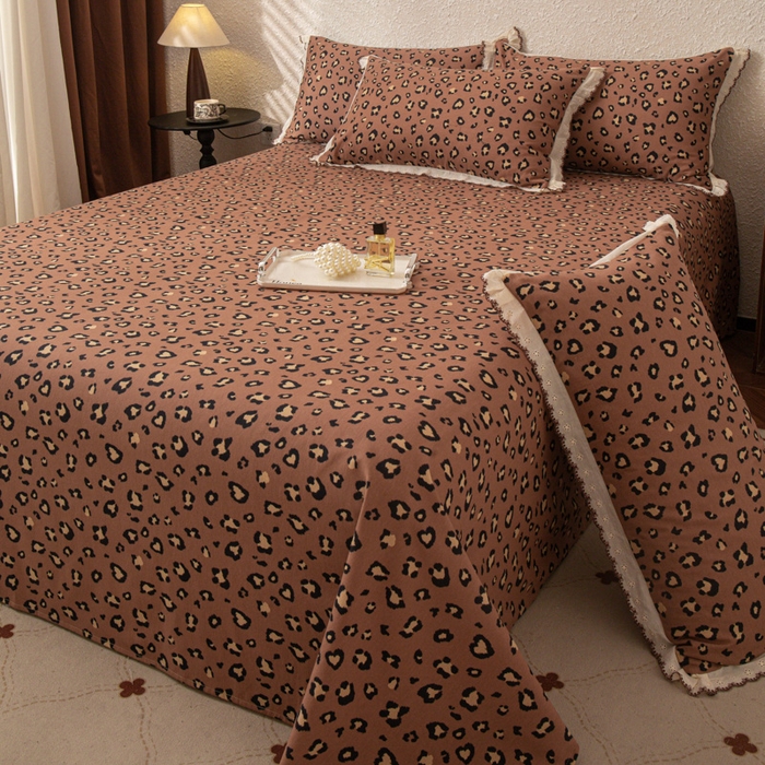 91家纺网 家纺一手货源 找家纺 优米家纺 2025新款加厚全棉磨毛提花纯色床单系列 豹纹-红