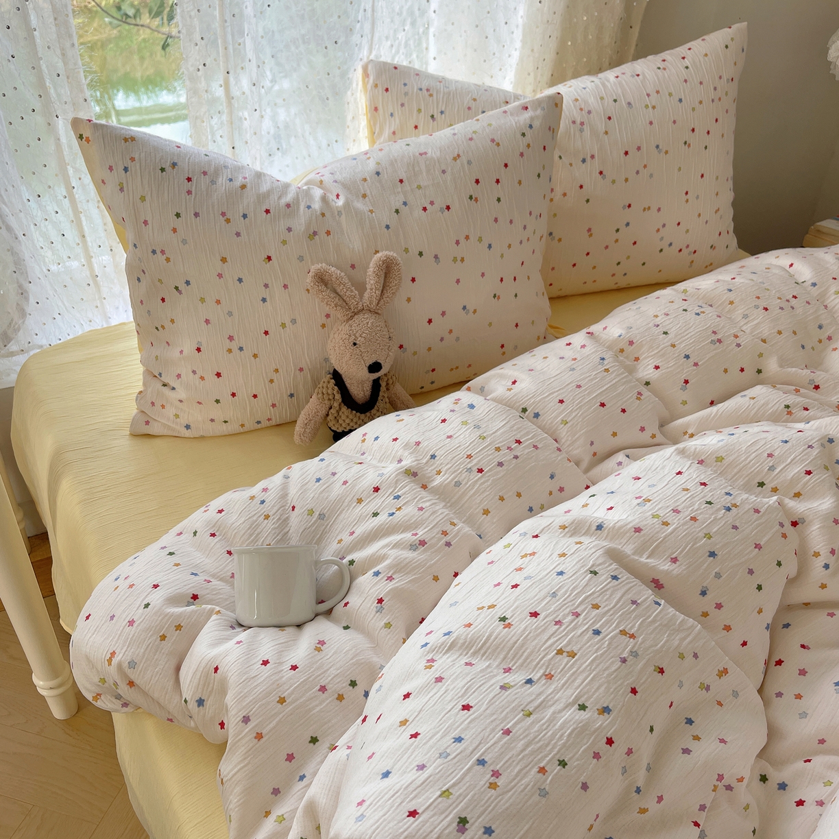 91家纺网 家纺一手货源 找家纺 星禾优选 2025新款甄选三层纱印花四件套 幸运星