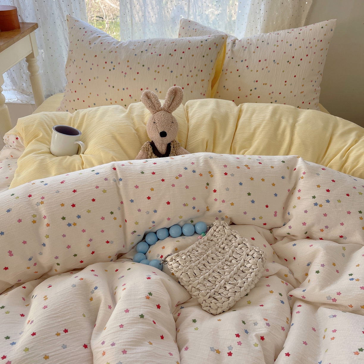 91家纺网 家纺一手货源 找家纺 星禾优选 2025新款甄选三层纱印花四件套 幸运星